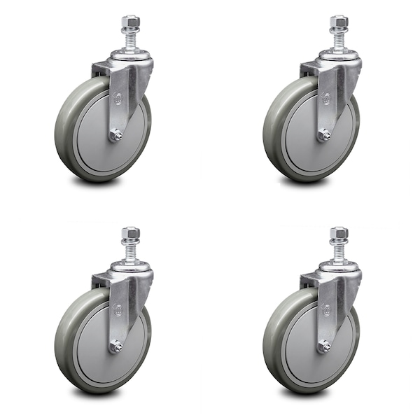 6 Inch Gray Polyurethane Wheel Swivel 1/2 Inch Threaded Stem Caster Set SCC